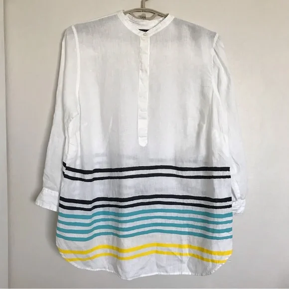 Lauren Ralph Lauren Striped Linen Tunic Top Size 2X White Band Collar Relax Fit - Picture 1 of 15